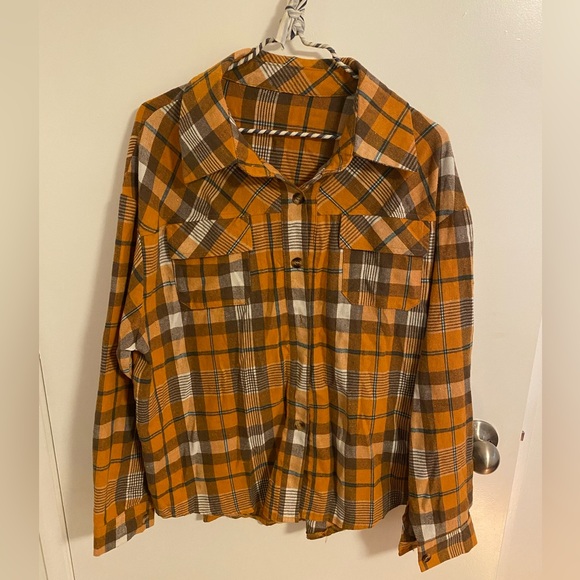 Orange and Brown Plaid Flannel Button-up Shirt - Picture 1 of 5